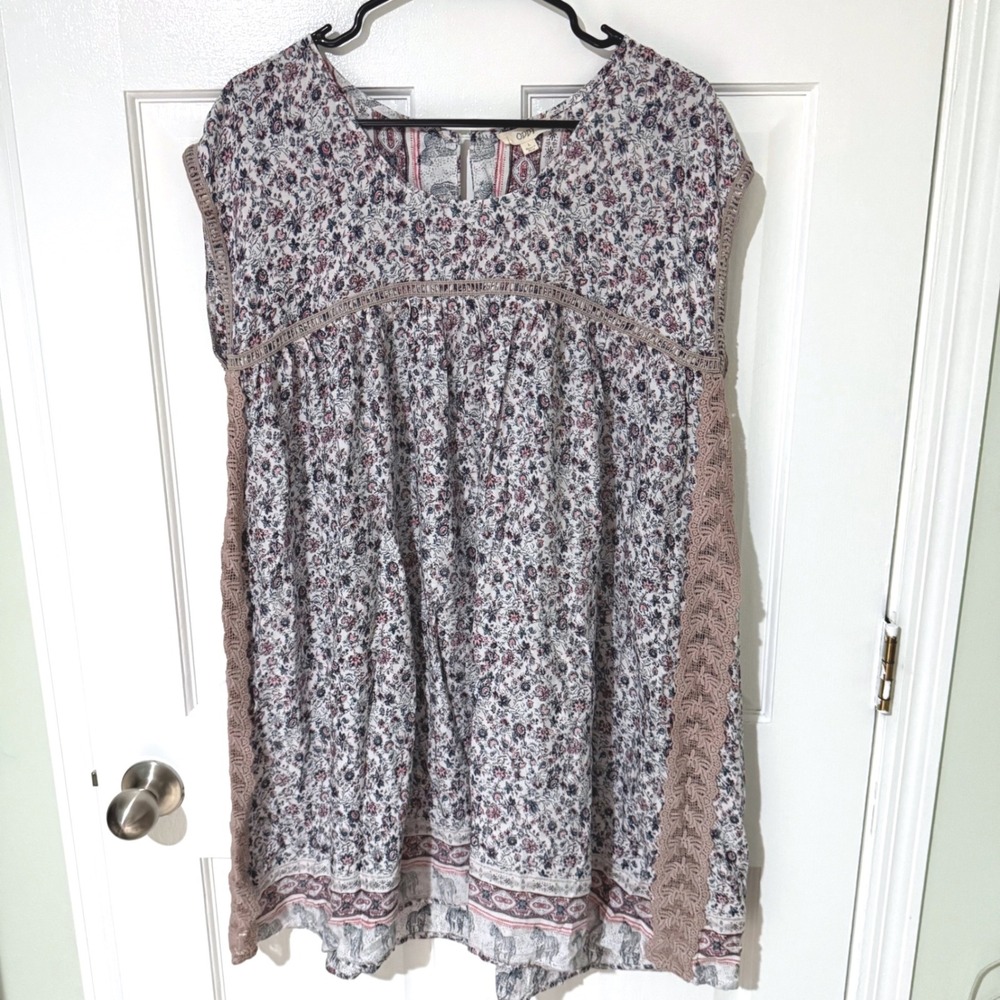 ODDI Women Floral Crochet Lace Trim Tunic Top Blue Pink Size L ID10810 NEW
